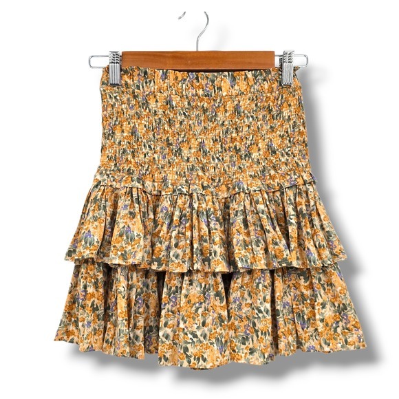 Reset By Jane Smocked Ruffle Mini Skirt Floral Print Tiered‎ Beige Size S - Picture 1 of 7